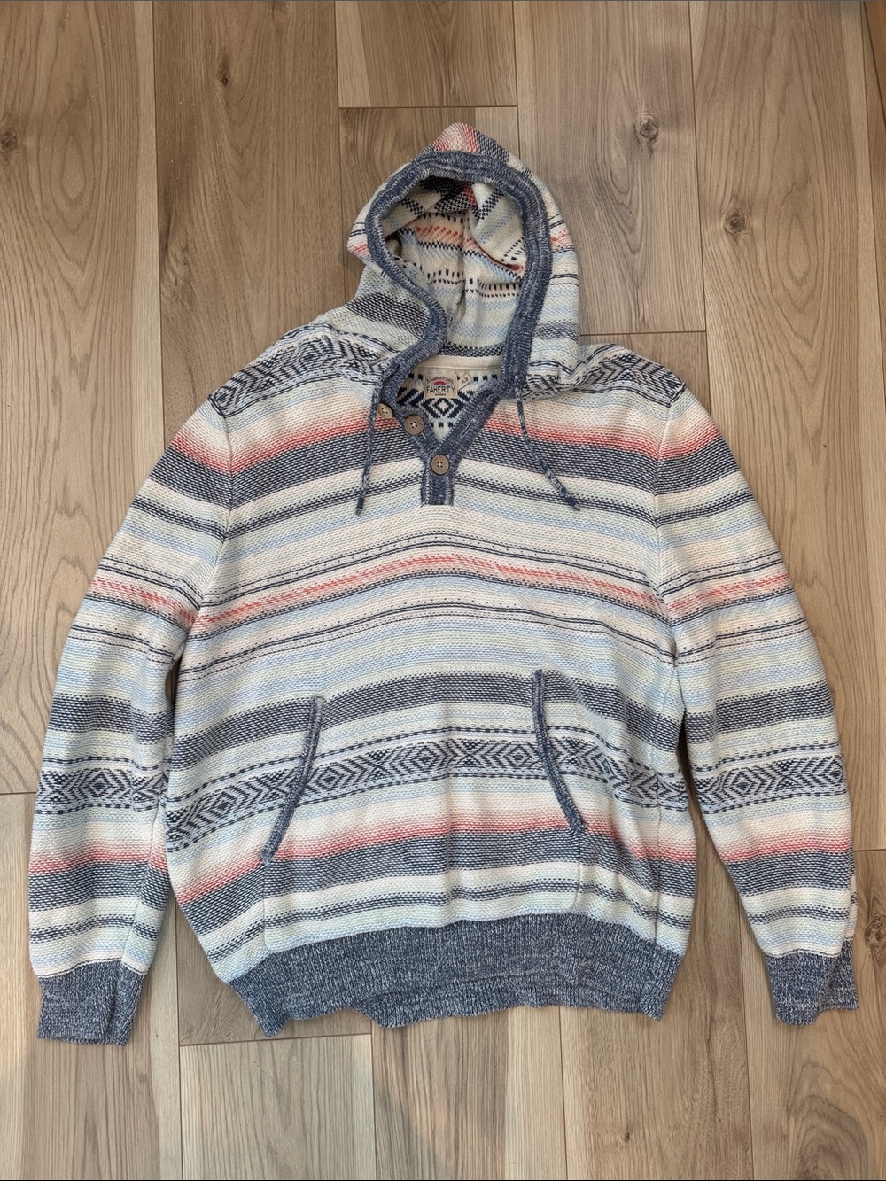 Faherty Striped Hooded Crewneck Sweater - Blue, Cream & Pink